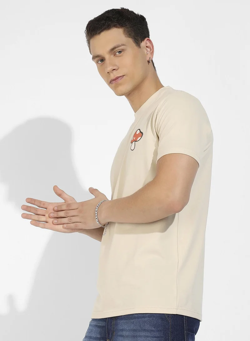 Campus Sutra Men's Beige Basic Regular Fit T-Shirt