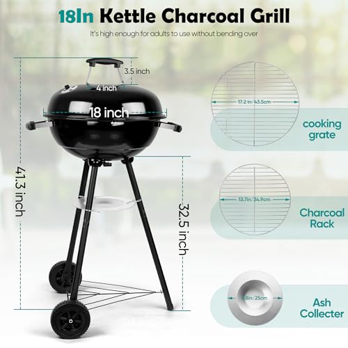 HaSteeL 18 Inch Charcoal Grill Black Kettle Outdoor Barbecue Grill 2In1 Portable BBQ Grill with Wheels for Camping Backyard Patio Picnic PorcelainEnameled Lid Fire Bowl 254SQIN Cooking Area - Image 3