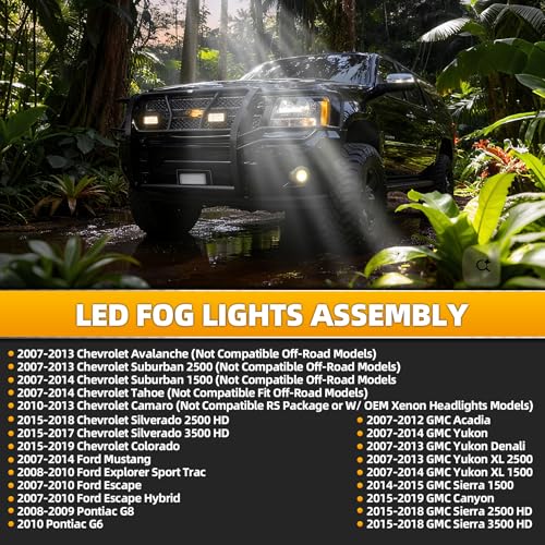Riasdy Upgraded 2PCS Yellow LED Fog Lights for 2007-2013 Chevy Avalanche/Suburban/GMC Acadia/Ford Escape/ 07-14 GMC Yukon/Tahoe/Mustang/ 08-10 Pontiac/Explorer/ 10-13 Camaro/ 15-19 Colorado/Silverado - Image 2