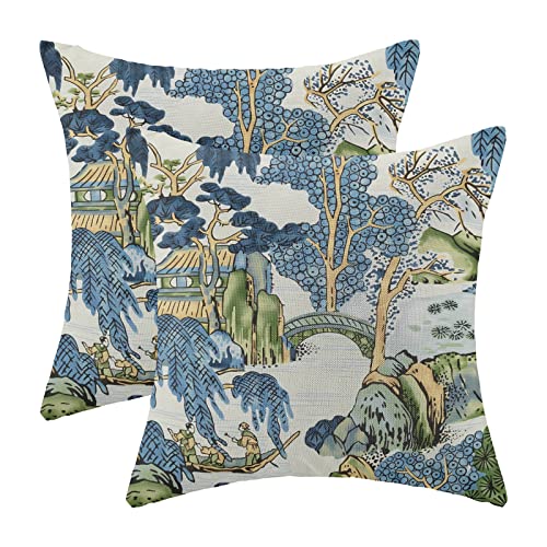GIOPAMGO Chinoiserie Pillow Covers 20x20 Set of 2, Asian Vintage Blue Green Scenic Decorations Chinoiserie Decor Throw Pillow Covers Farmhouse Outdoor Decorative Linen Cushion Case for Couch Sofa Home - Image 1