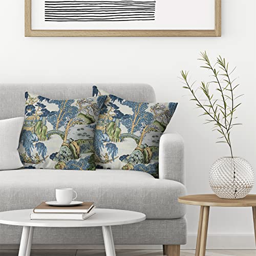 GIOPAMGO Chinoiserie Pillow Covers 20x20 Set of 2, Asian Vintage Blue Green Scenic Decorations Chinoiserie Decor Throw Pillow Covers Farmhouse Outdoor Decorative Linen Cushion Case for Couch Sofa Home - Image 3