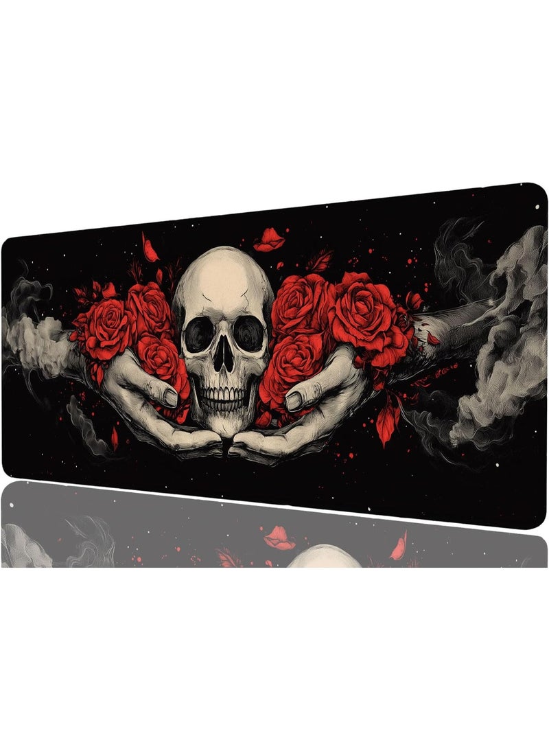 Gothic Skull Gaming Mouse Pad Large Rose Horror Dark Fantasy Mousepad Large Gaming Mouse Pad Laptop Keyboard Mat Non-Slip Rubber Base Keyboard Desk Pad for Home Office Study Game 70 CM x 30 CM x 2 MM - Image 1