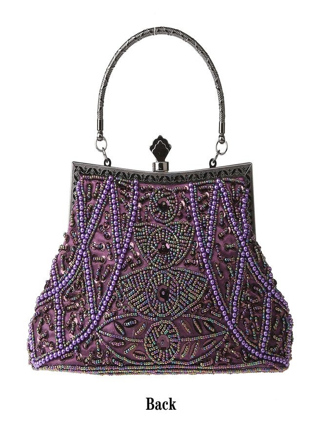 DA BODAN Womens Evening Bag Vintage Beaded Sequin Pearl Clutch Handbag Shoulder Bag Purses for Wedding Bridal Prom Party, Purple - Image 2