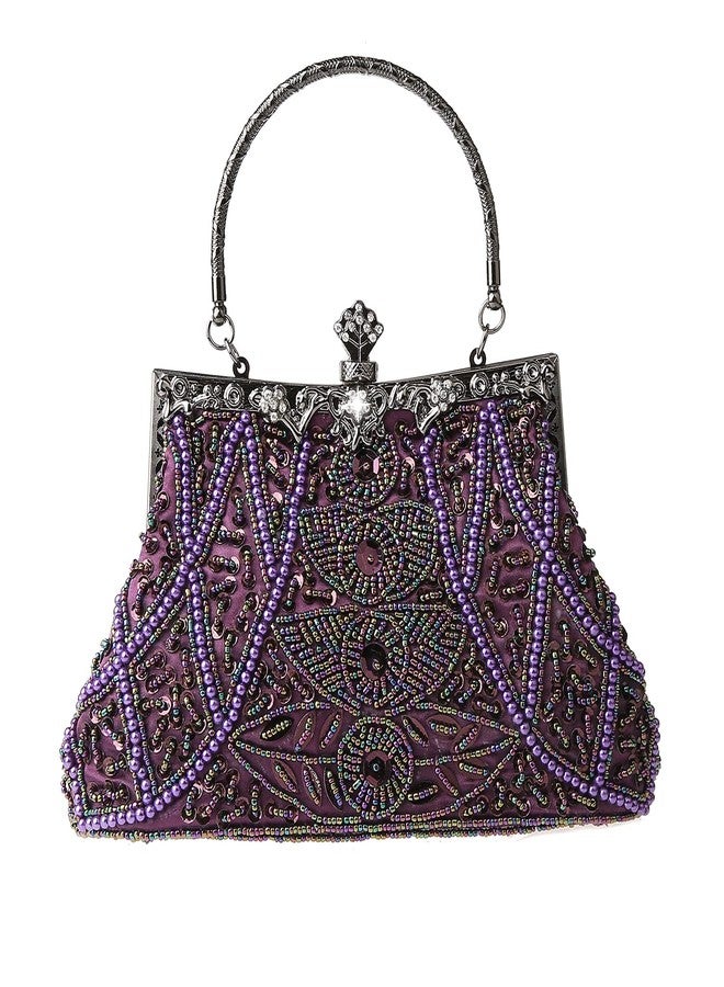 DA BODAN Womens Evening Bag Vintage Beaded Sequin Pearl Clutch Handbag Shoulder Bag Purses for Wedding Bridal Prom Party, Purple - Image 1