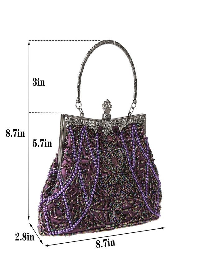 DA BODAN Womens Evening Bag Vintage Beaded Sequin Pearl Clutch Handbag Shoulder Bag Purses for Wedding Bridal Prom Party, Purple - Image 3
