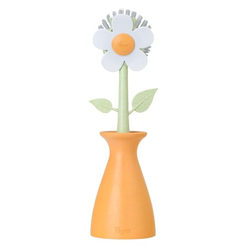 Vigar Florganic Daisy-Shaped Dish Brush with Vase Dish Brush Holder, Dish Brush with Handle, for Pot Scrubber, Kitchen Dishes, and Sink Cleaning, Orange - Image 1