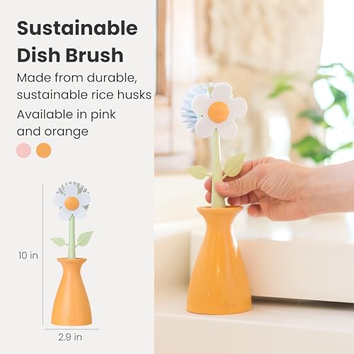 Vigar Florganic Daisy-Shaped Dish Brush with Vase Dish Brush Holder, Dish Brush with Handle, for Pot Scrubber, Kitchen Dishes, and Sink Cleaning, Orange - Image 2