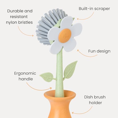 Vigar Florganic Daisy-Shaped Dish Brush with Vase Dish Brush Holder, Dish Brush with Handle, for Pot Scrubber, Kitchen Dishes, and Sink Cleaning, Orange - Image 3