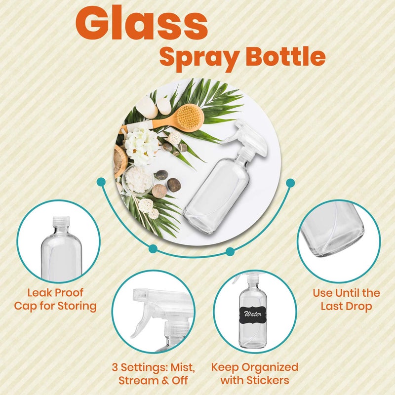 Homeries Clear Glass Spray Bottles For Cleaning Solutions (4 Pack) - 16 Ounce  Refillable Sprayer For Essential Oil  Water  Kitchen  Hair. Durable Black Trigger Sprayer W/Mist And Stream Settings (Clear) - Image 2