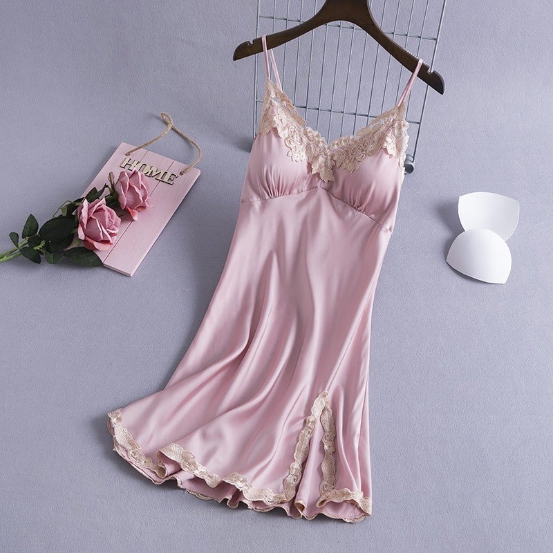 Qi Ta Women's Satin Silk Cami Nightdress with Lace & Built-in Bra - Thin Ice Silk Sleepwear for Spring Summer - Image 1
