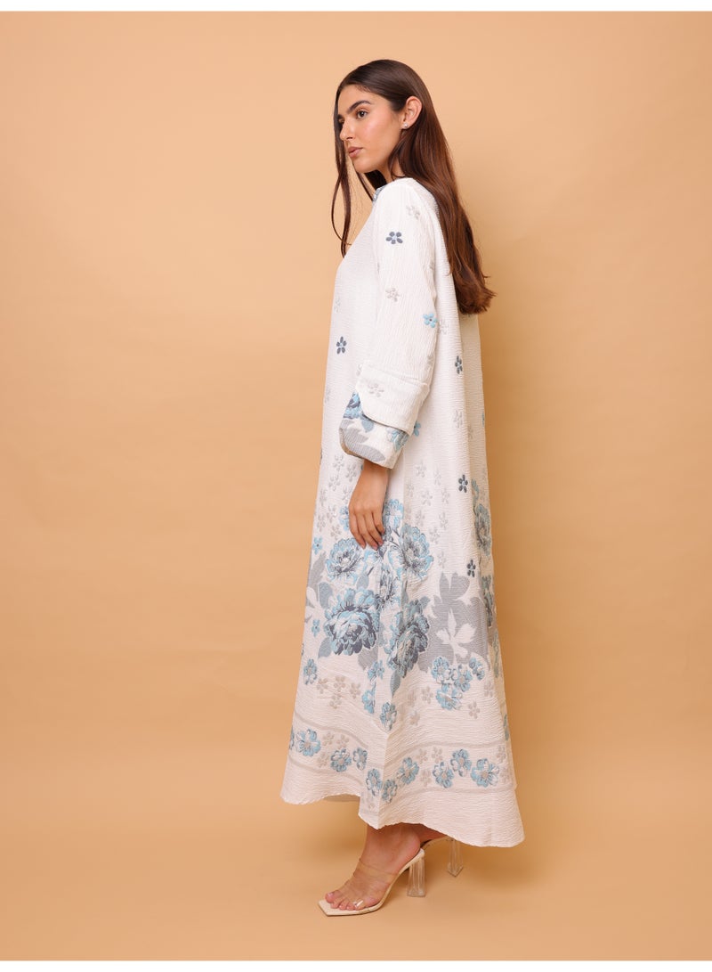 IKKXA Beautiful Design Printed Jalabiya Floral Details IK4021 White - Image 3
