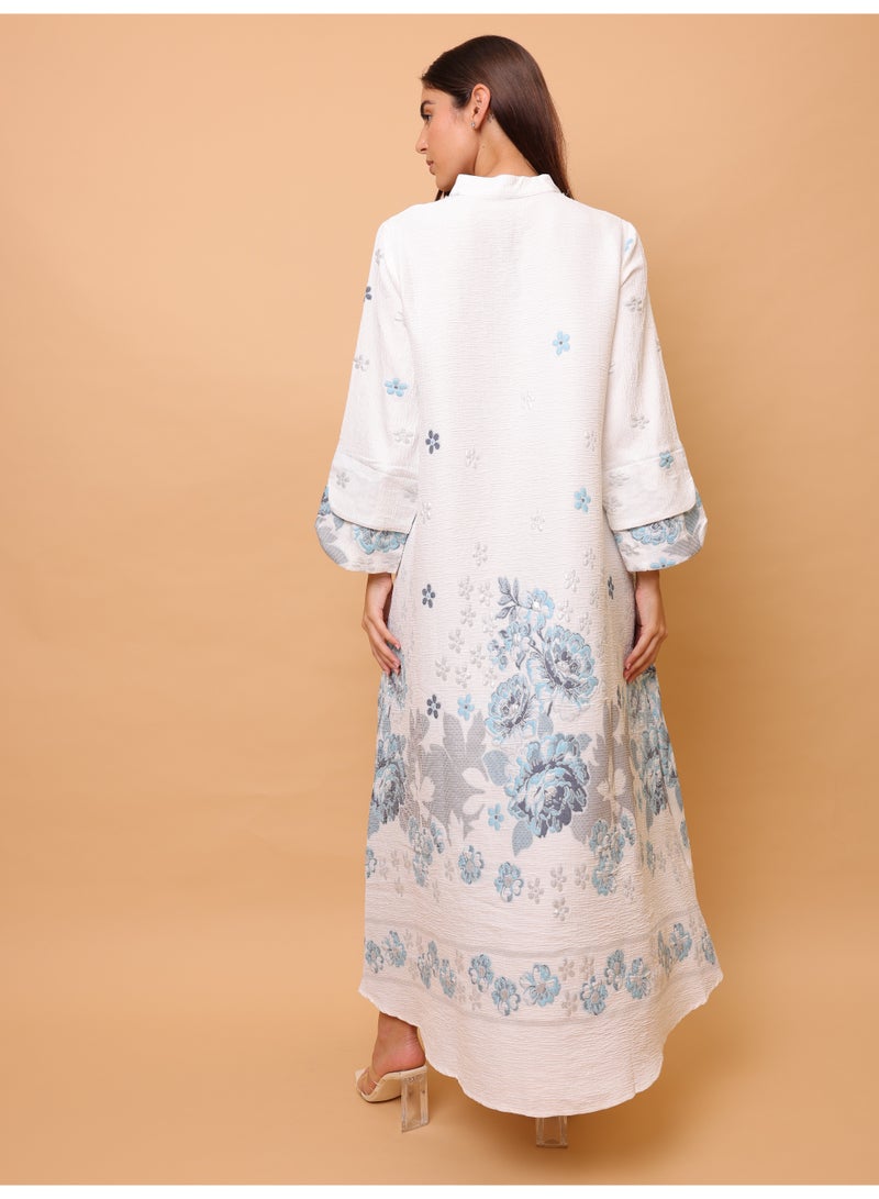 IKKXA Beautiful Design Printed Jalabiya Floral Details IK4021 White - Image 4
