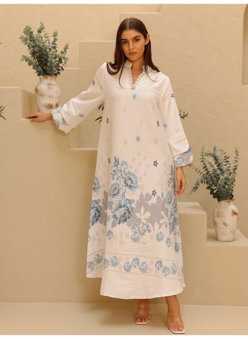 IKKXA Beautiful Design Printed Jalabiya Floral Details IK4021 White - Image 1