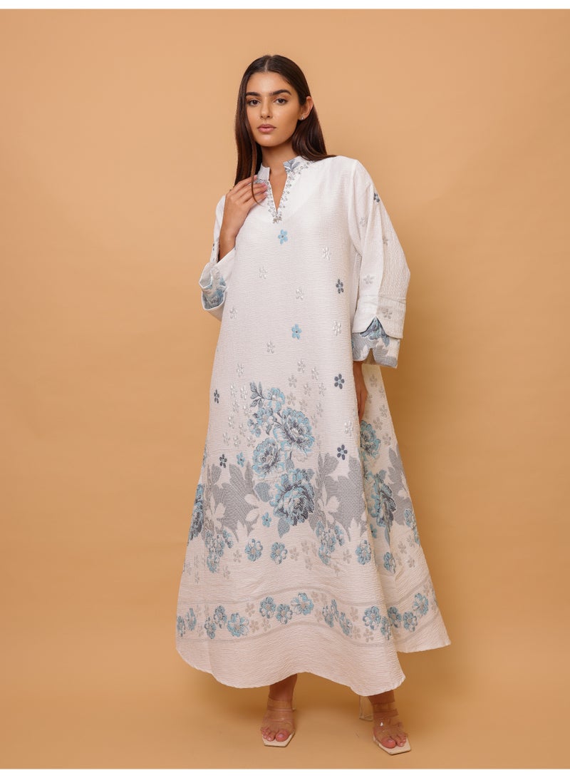 IKKXA Beautiful Design Printed Jalabiya Floral Details IK4021 White - Image 5