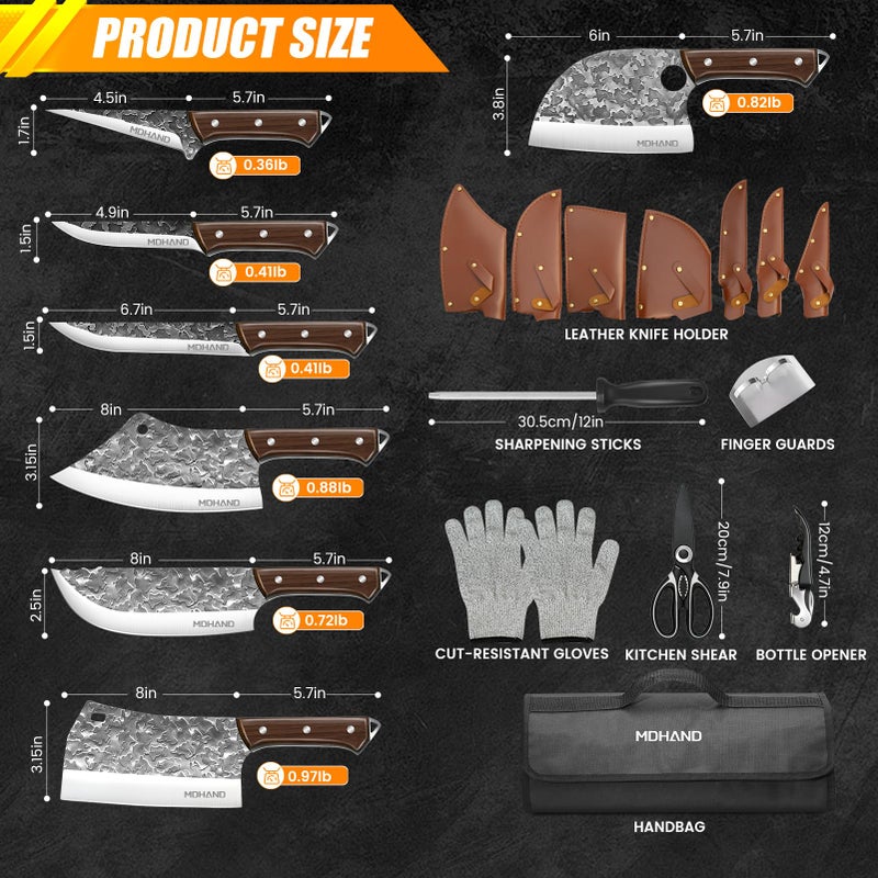MDHAND Butcher Knife Set, 14PCS Hand Forged Butcher Chef Knife Set with Roll Bag, Heavy Duty Meat Cleaver, Fillet Knives, Meat Cutting Knife for Home Kitchen & Camping BBQ, Gifts for Men Women - Image 4