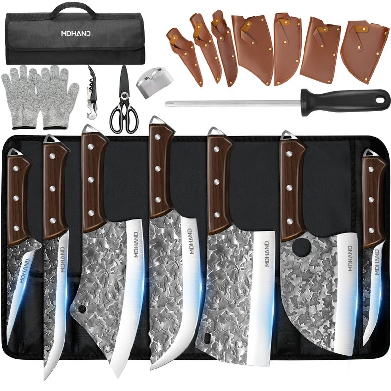 MDHAND Butcher Knife Set, 14PCS Hand Forged Butcher Chef Knife Set with Roll Bag, Heavy Duty Meat Cleaver, Fillet Knives, Meat Cutting Knife for Home Kitchen & Camping BBQ, Gifts for Men Women - Image 1