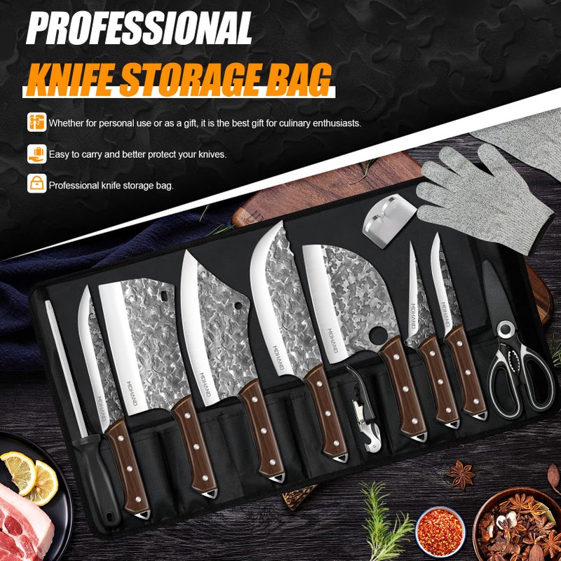 MDHAND Butcher Knife Set, 14PCS Hand Forged Butcher Chef Knife Set with Roll Bag, Heavy Duty Meat Cleaver, Fillet Knives, Meat Cutting Knife for Home Kitchen & Camping BBQ, Gifts for Men Women - Image 2