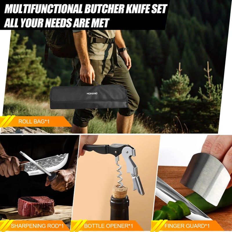 MDHAND Butcher Knife Set, 14PCS Hand Forged Butcher Chef Knife Set with Roll Bag, Heavy Duty Meat Cleaver, Fillet Knives, Meat Cutting Knife for Home Kitchen & Camping BBQ, Gifts for Men Women - Image 3
