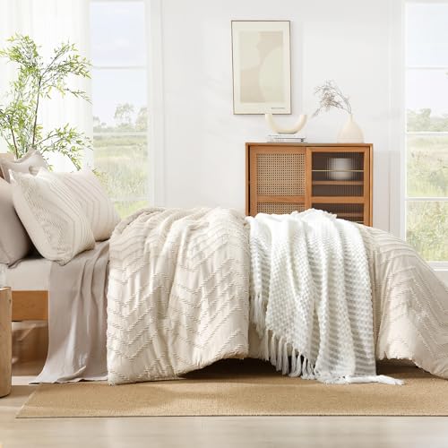 Litanika Oversized King Comforter Set 120x98 Beige, 3 Pieces Chevron Tufted Quilt Bedding Comforter Sets, Fluffy Bed Set - Image 5