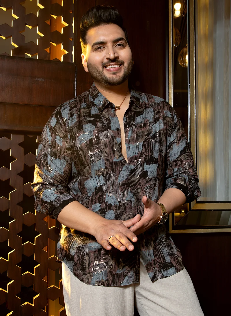 Instafab Plus Instafab Plus Men's Obsidian Black Impressionistic Strokes Shirt For Casual Wear | Spread Collar | Long Cuffed Sleeves | Button Closure | Plus Size Shirt Crafted With Comfort Fit For Everyday Wear