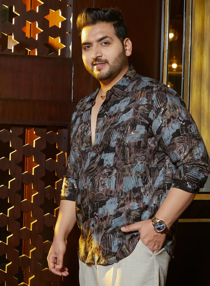 Instafab Plus  Instafab Plus Men's Obsidian Black Impressionistic Strokes Shirt For Casual Wear | Spread Collar | Long Cuffed Sleeves | Button Closure | Plus Size Shirt Crafted With Comfort Fit For Everyday Wear for Men | Best Price UAE