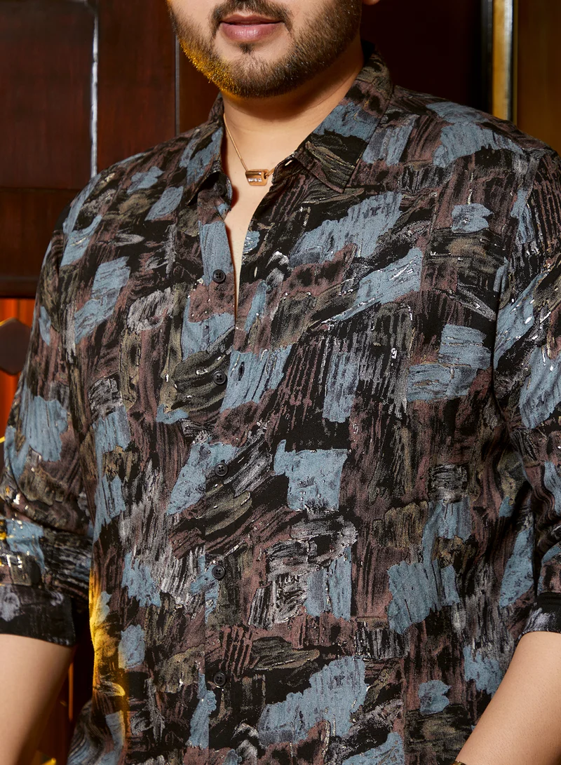 Instafab Plus  Instafab Plus Men's Obsidian Black Impressionistic Strokes Shirt For Casual Wear | Spread Collar | Long Cuffed Sleeves | Button Closure | Plus Size Shirt Crafted With Comfort Fit For Everyday Wear for Men | Best Price UAE