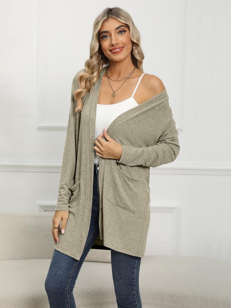 DB MOON Womens Long Cardigan Light Weight Sweater Long Sleeve Lightweight Open Front Fall Outfits with Pockets Light Brown - Image 3