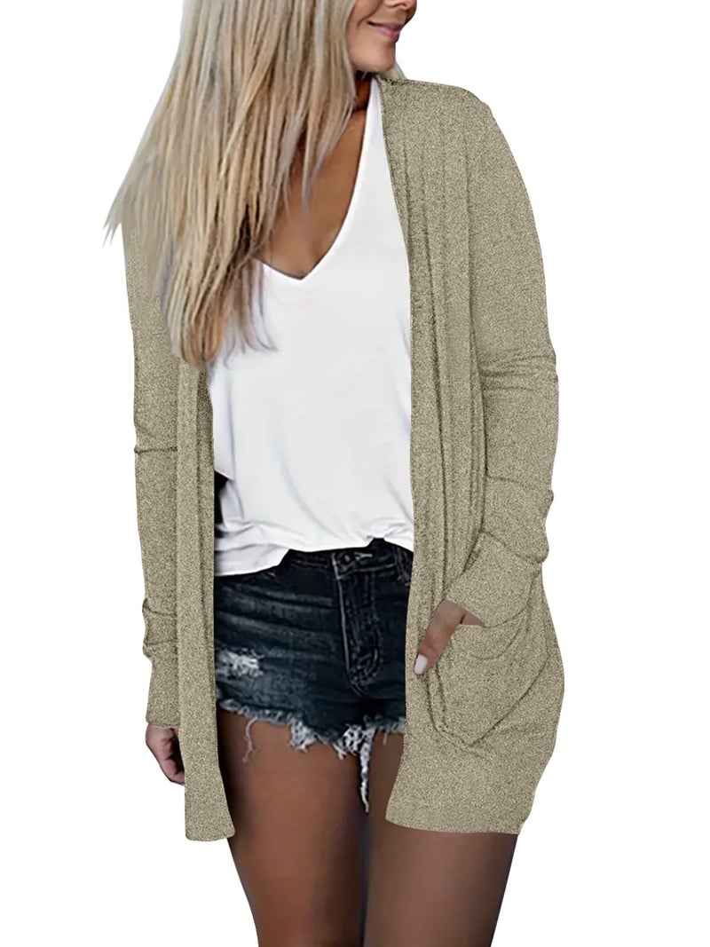 DB MOON Womens Long Cardigan Light Weight Sweater Long Sleeve Lightweight Open Front Fall Outfits with Pockets Light Brown - Image 2