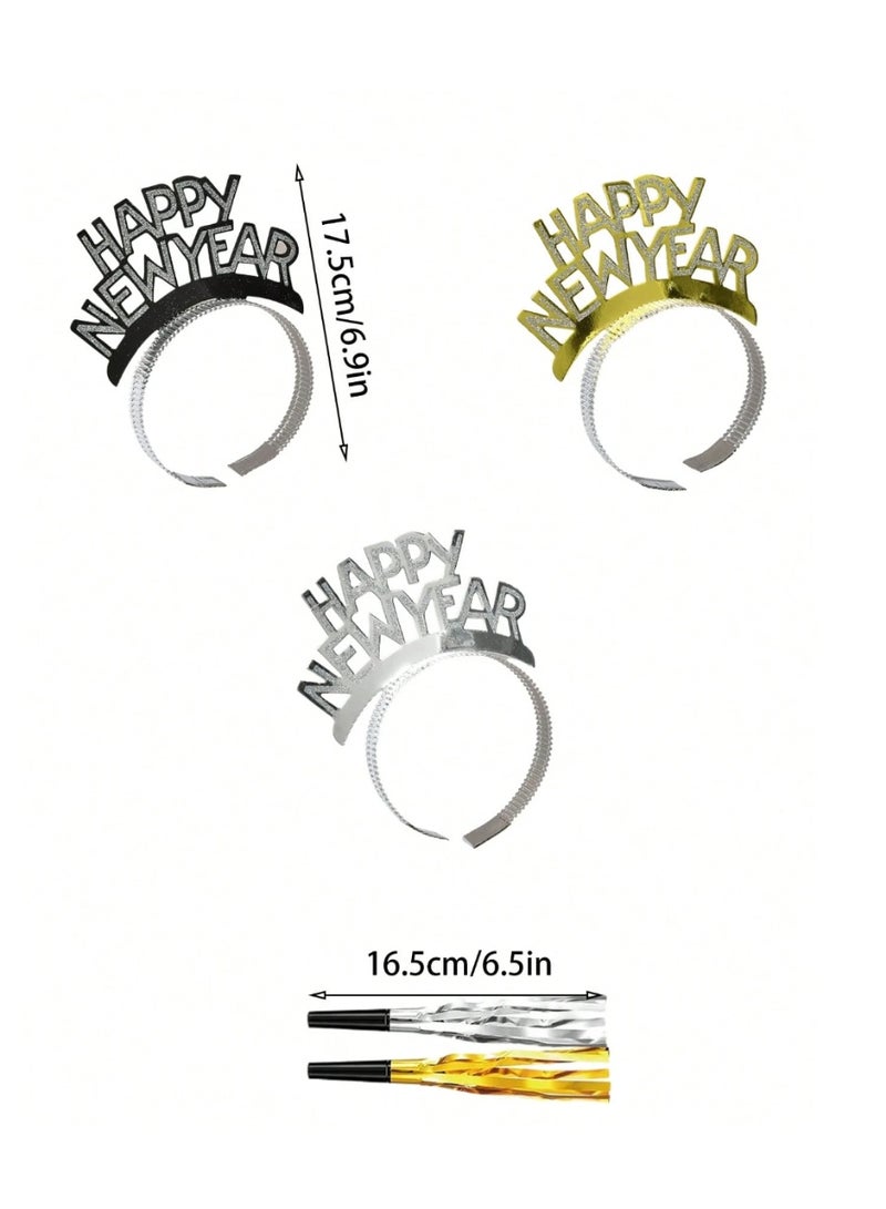 New Year's decorations 2026, six-piece hairband with the phrase "Happy New Year" and six paper whistles. - Image 2