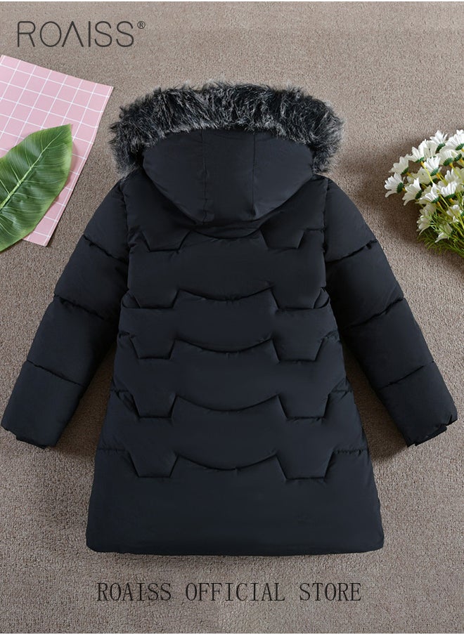 roaiss - Girls Kids Padded Coat School Quilted Jacket Fur Hooded Zipper Long Parka Winter - Image 1