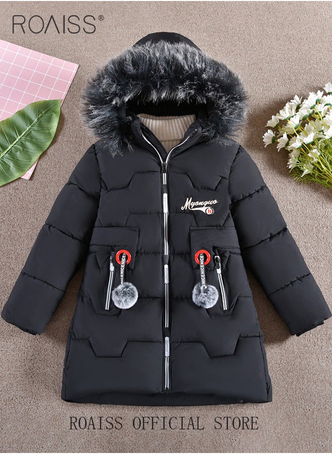 roaiss - Girls Kids Padded Coat School Quilted Jacket Fur Hooded Zipper Long Parka Winter - Image 1