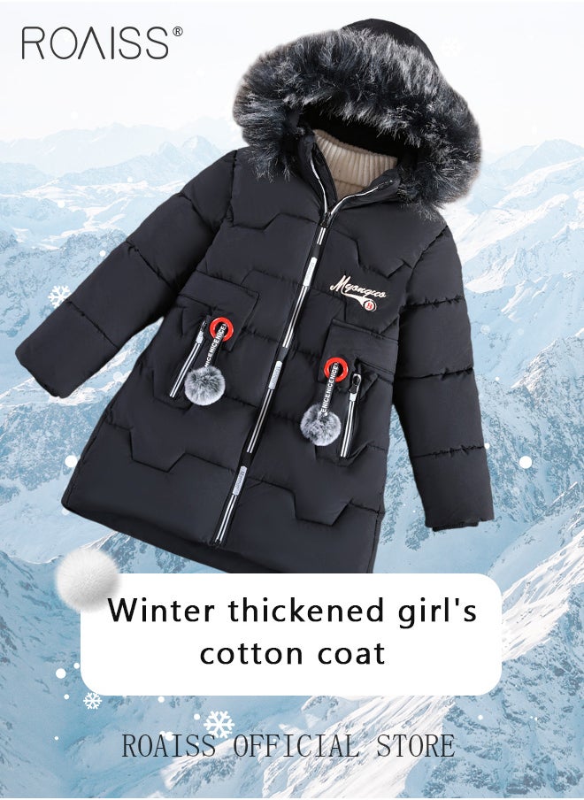 roaiss - Girls Kids Padded Coat School Quilted Jacket Fur Hooded Zipper Long Parka Winter - Image 1