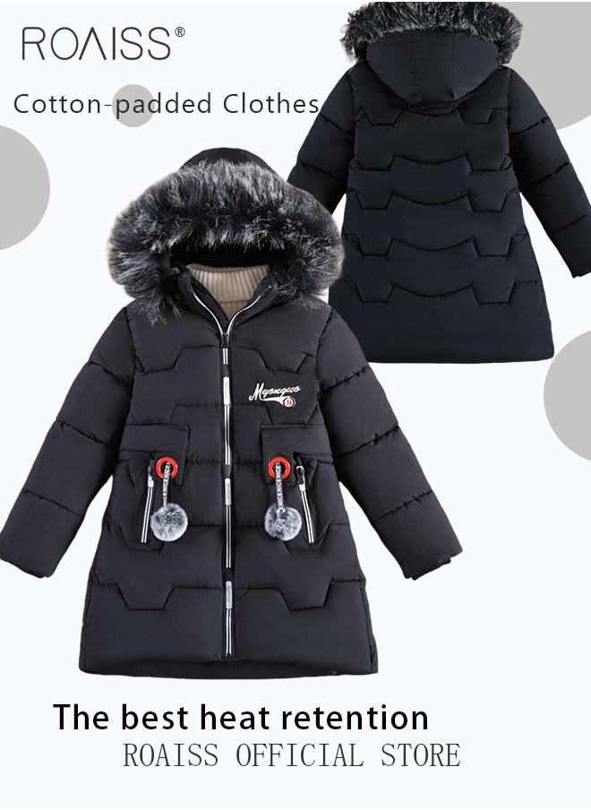 roaiss - Girls Kids Padded Coat School Quilted Jacket Fur Hooded Zipper Long Parka Winter - Image 1