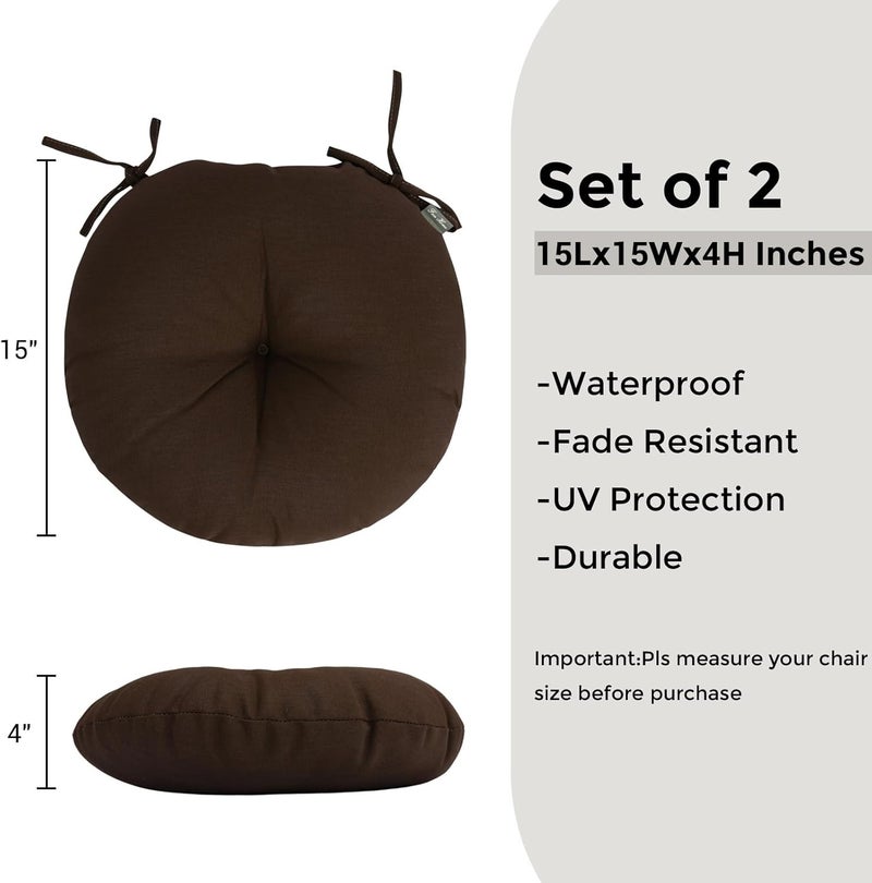 FUNHOME Bistro Chair Cushions 15 inch,Set of 2,Tufted Round Chair Cushions with Ties,15"x15"x4",Waterproof Round Seat Cushion for Barstool Chairs,Patio Garden Kitchen Outdoor Furniture(Chocolate Brown) - Image 3