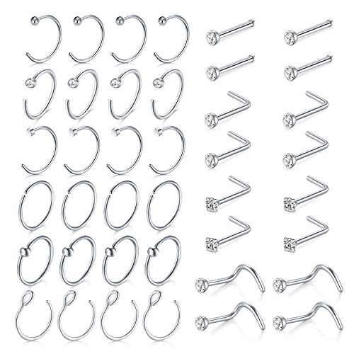 MODRSA Nose Rings Hoop 18g Septum Ring L Shape Nose Studs Screw Surgical Stainless Steel Thin Cartilage Helix Tragus Earrings Hoops C Shape High Nostril Piercing Jewelry Pack Silver - Image 1