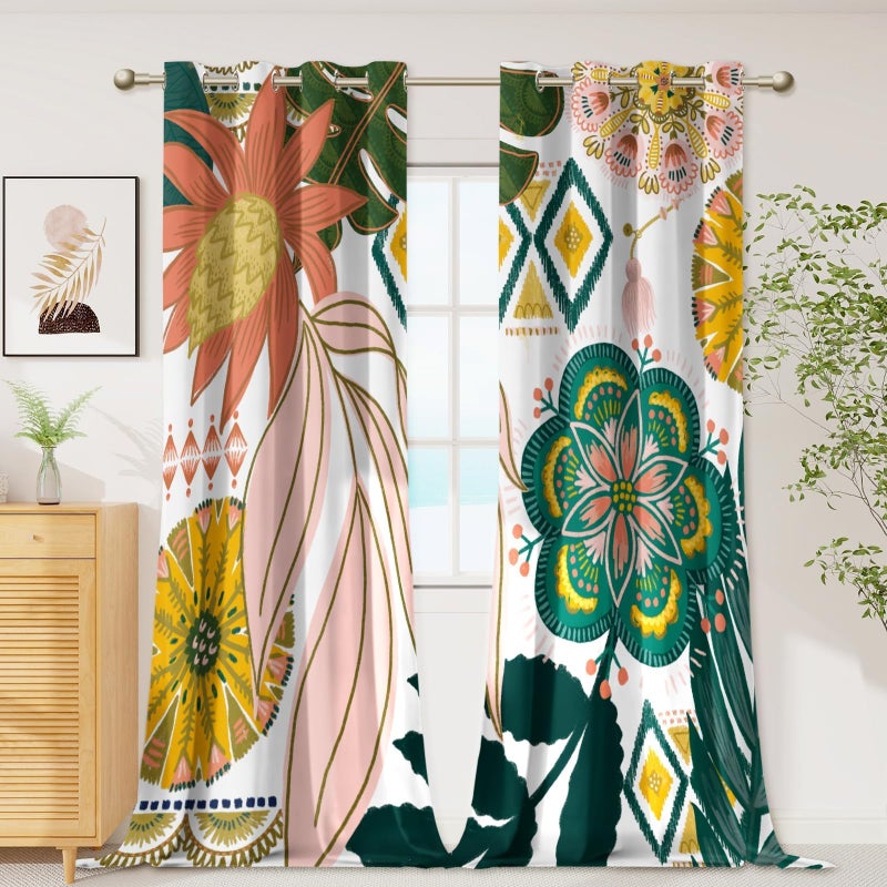 Tyrot 100% Blackout Boho Floral Curtains 108 Inches Extra Long for Bedroom Mid Century Modern Botanical Black Out Curtains Room Darkening Grommet Top Thermal Insulated Window Drapes 2 Panels,52Wx108L - Image 1