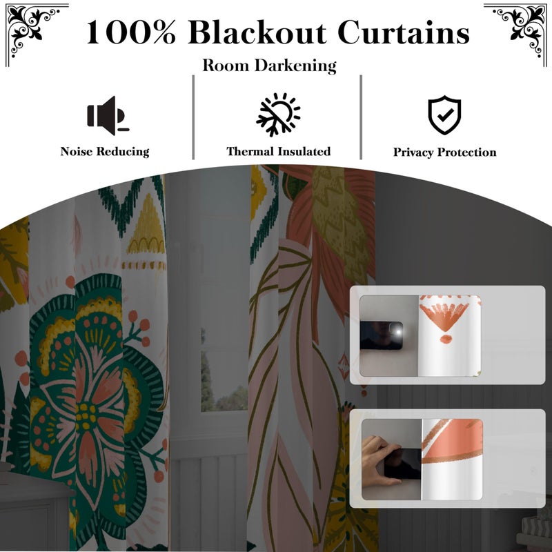 Tyrot 100% Blackout Boho Floral Curtains 108 Inches Extra Long for Bedroom Mid Century Modern Botanical Black Out Curtains Room Darkening Grommet Top Thermal Insulated Window Drapes 2 Panels,52Wx108L - Image 2
