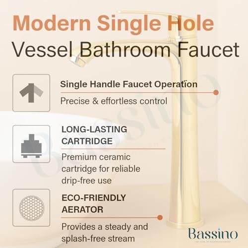 BASSINO Brass Table Top Wash Basin Tap/Stylish Extended Tall Body Pillar Cock/Faucet for Smooth Operation/Long Pillar Cock- 12 inch (Golden Finish) - Image 3