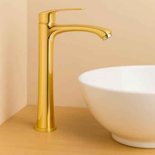BASSINO Brass Table Top Wash Basin Tap/Stylish Extended Tall Body Pillar Cock/Faucet for Smooth Operation/Long Pillar Cock- 12 inch (Golden Finish) - Image 1