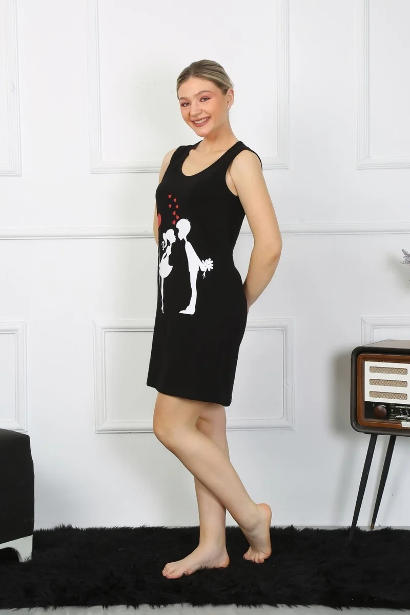 Akbeniz Women's Thick Strap Combed Cotton Above Knee Black Nightgown 11310