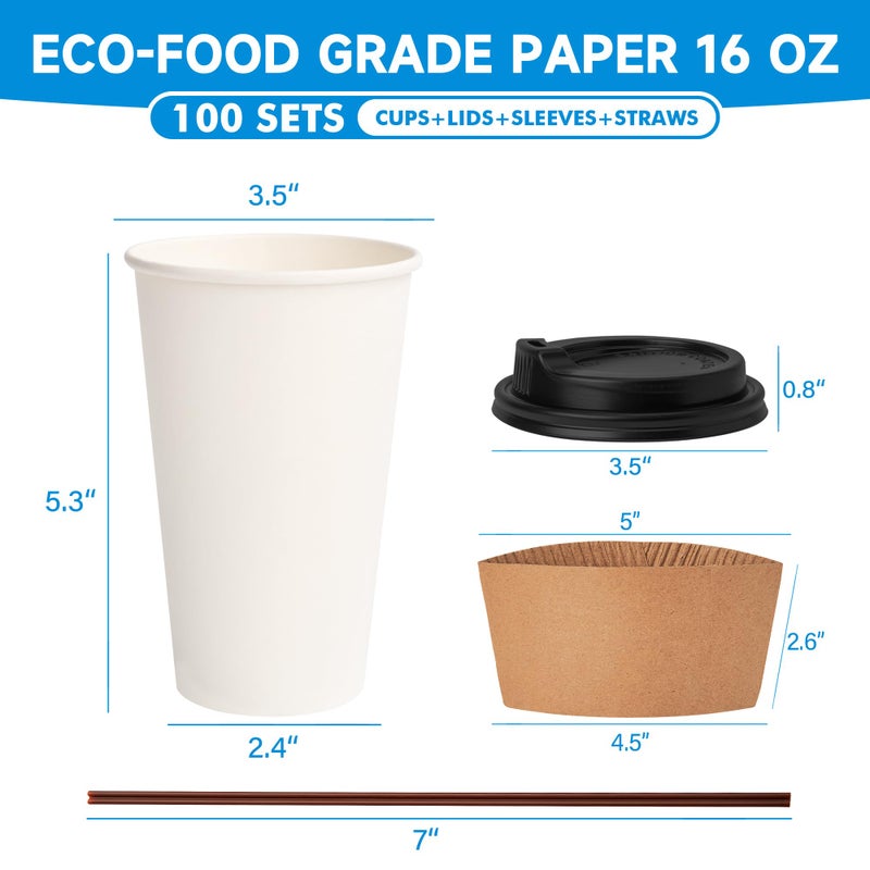 RACETOP 16 oz 100 Pack Disposable Paper Coffee Cups with Lids, Sleeves and Stirrers, Hot Cups, Paper Cups with Lids, Sleeves and Stirrers, Ideal for Home/Office - Image 5