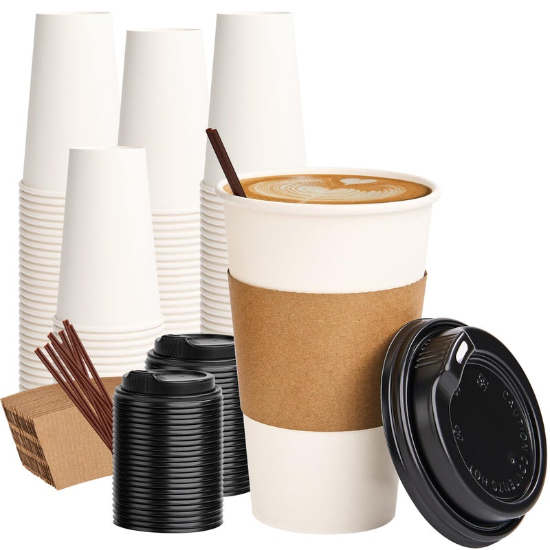 RACETOP 16 oz 100 Pack Disposable Paper Coffee Cups with Lids, Sleeves and Stirrers, Hot Cups, Paper Cups with Lids, Sleeves and Stirrers, Ideal for Home/Office - Image 1