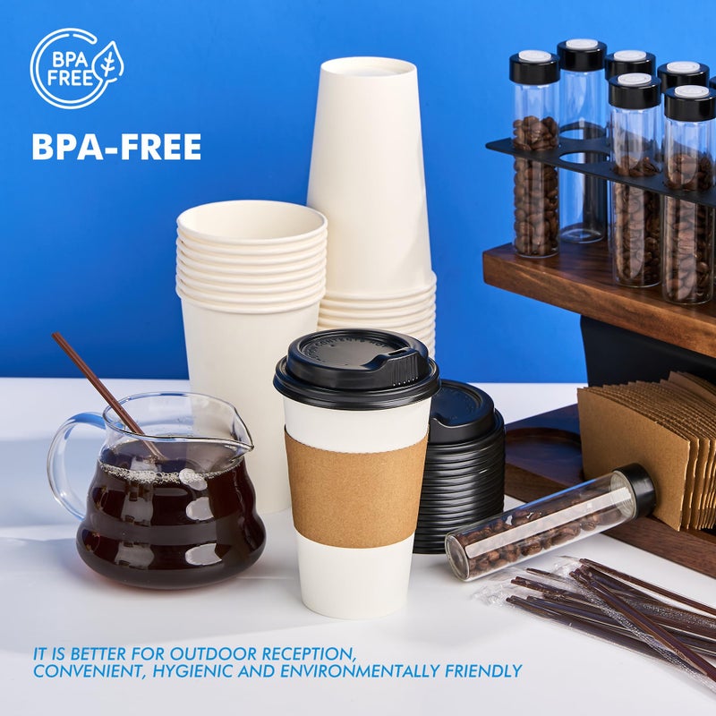 RACETOP 16 oz 100 Pack Disposable Paper Coffee Cups with Lids, Sleeves and Stirrers, Hot Cups, Paper Cups with Lids, Sleeves and Stirrers, Ideal for Home/Office - Image 3
