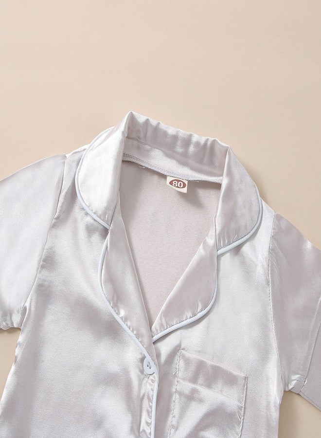 fyclemt Toddler Baby Girl Boy Silk Pajamas Set Solid Color Short Sleeve Button Down Shirts Top Shorts Satin Pj Sleepwear Lounge Sets (Silver, 5-6 Years) - Image 2