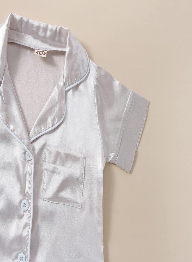 fyclemt Toddler Baby Girl Boy Silk Pajamas Set Solid Color Short Sleeve Button Down Shirts Top Shorts Satin Pj Sleepwear Lounge Sets (Silver, 5-6 Years) - Image 4