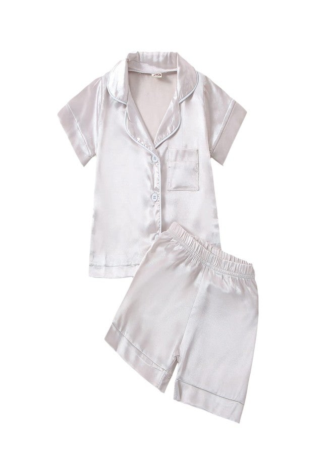 fyclemt Toddler Baby Girl Boy Silk Pajamas Set Solid Color Short Sleeve Button Down Shirts Top Shorts Satin Pj Sleepwear Lounge Sets (Silver, 5-6 Years) - Image 1