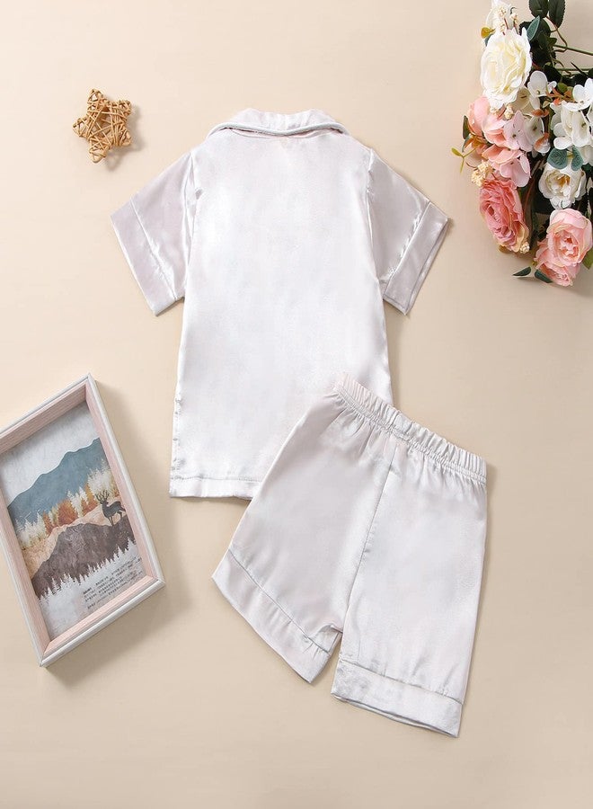 fyclemt Toddler Baby Girl Boy Silk Pajamas Set Solid Color Short Sleeve Button Down Shirts Top Shorts Satin Pj Sleepwear Lounge Sets (Silver, 5-6 Years) - Image 3