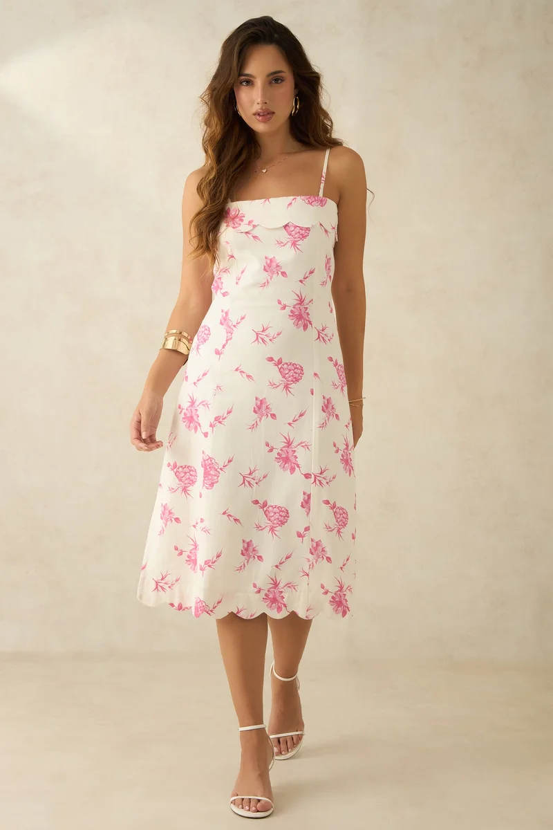 فيرجيو Floral Linen Printed Scalloped Hem Midi Dress for Women