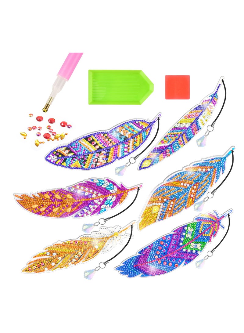 general 6Pcs Diamond Painting Kits for Kids Feather Bookmark Diamond Art Kits DIY Crystal Diamond Art for Kids, Enfants, Girls and Women Diamond Painting Bookmarks with Crystal Pendant (YQ089) - Image 1
