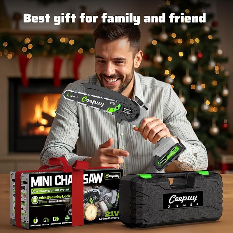 CEEPUY Mini Chainsaw Cordless,6 Inch Portable Electric Chainsaw with Automatic Oiler/Security Lock/Battery Powered Small Handheld Saw for Trees Branches Trimming,Wood Cutting, Gifts for Men Women - Image 2